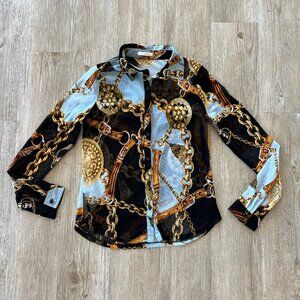 Womens Timing Black/Gold Printed Mesh Button Up - L
